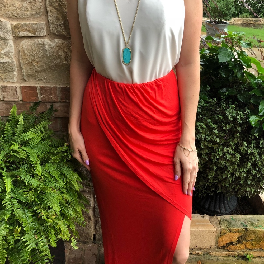Coral Asymmetrical Hem Skirt with Elastic Waist